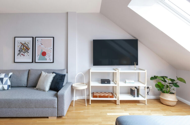 Sala de estar con un sofá, una televisión y una mesa en el centro.
