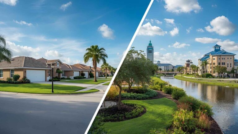 Dos imágenes de un vecindario con un lago y una casa, preguntando: ¿Davenport o Kissimmee?