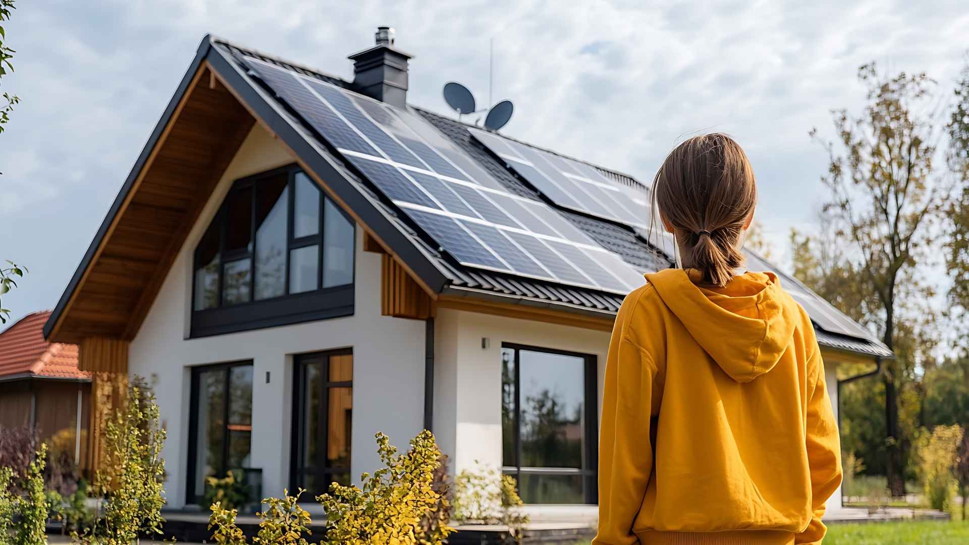 Mujer sonriente frente a una casa con paneles solares en el techo, destacando la tendencia hacia la energía sostenible.