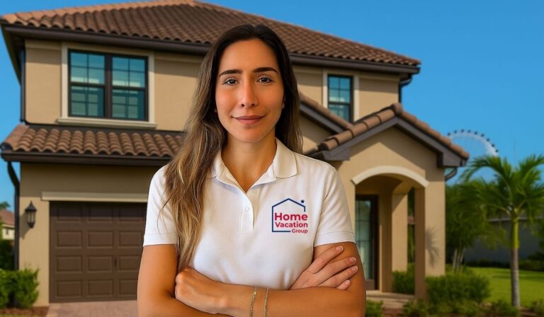 A woman in a white shirt stands smiling in front of a cozy house, embodying the theme of self-management vs. home vacation group