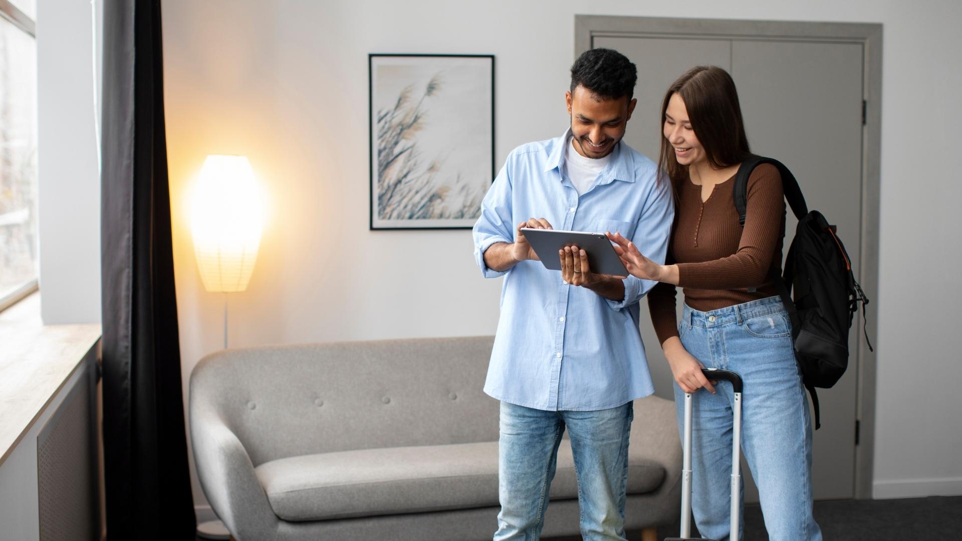 Man and woman in a hotel room, looking at a tablet, planning their stay in Orlando.