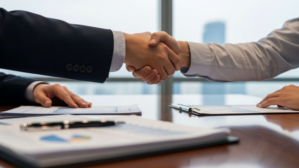 Dos personas de negocios estrechándose la mano sobre documentos, simbolizando un acuerdo contractual.