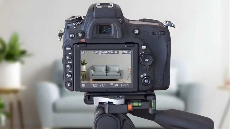 Una cámara sobre un trípode frente a un sofá, lista para capturar momentos especiales