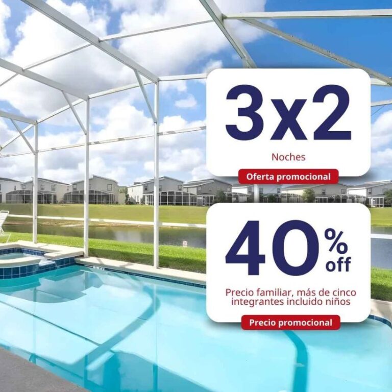 Piscina con techo de vidrio y cartel que dice 3x2 40% de descuento, ubicada en Orlando.