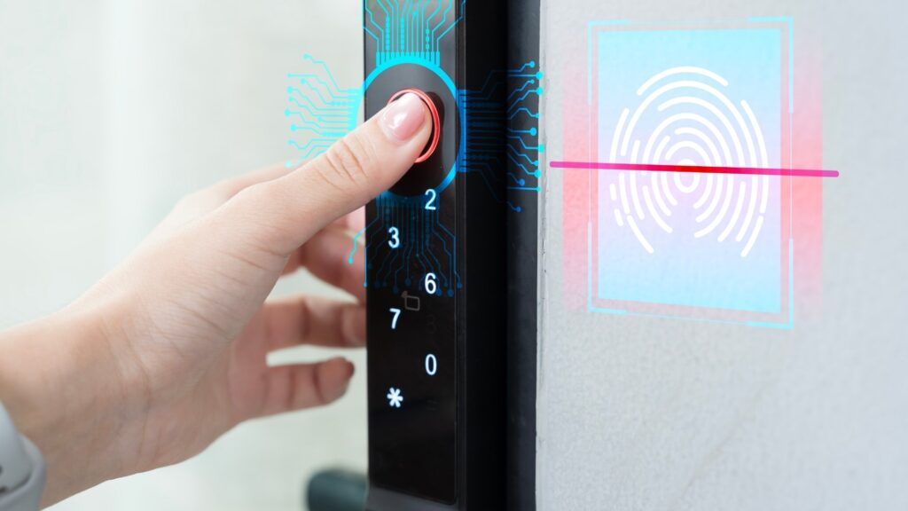 Fingerprint activating a smart lock with biometric technology to facilitate automatic check-in at vacation rentals.