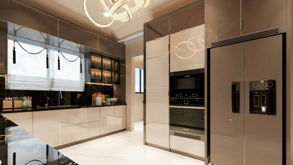 Cocina moderna de lujo con electrodomésticos integrados y acabados minimalistas