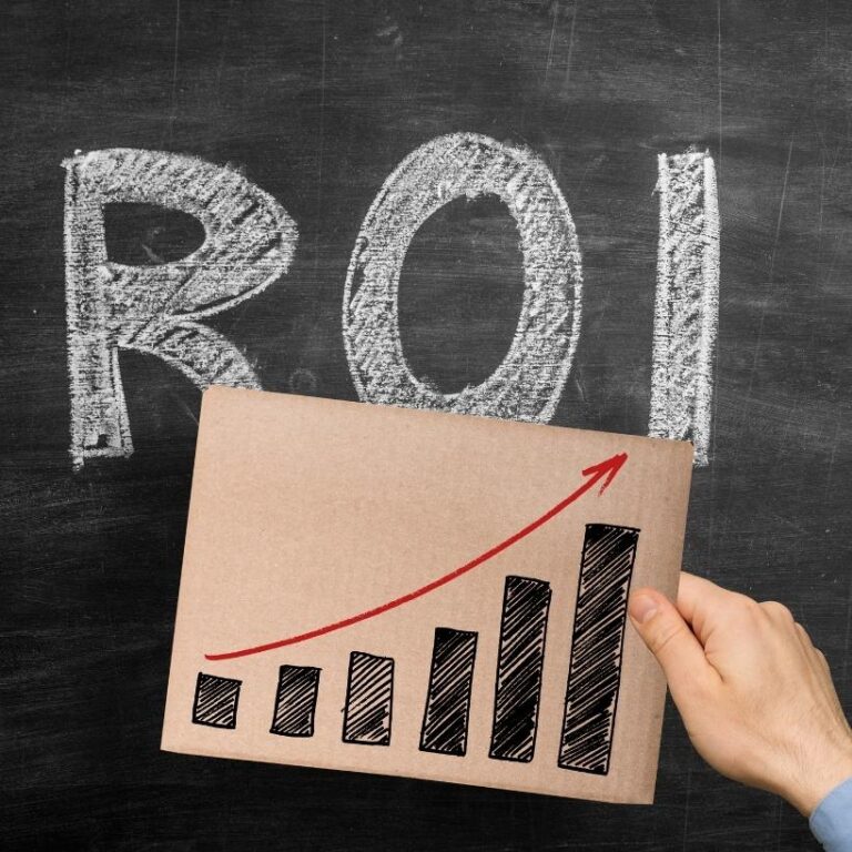 Gráfico de crecimiento con ROI representando el cálculo del retorno de inversión real en estrategias inmobiliarias.
