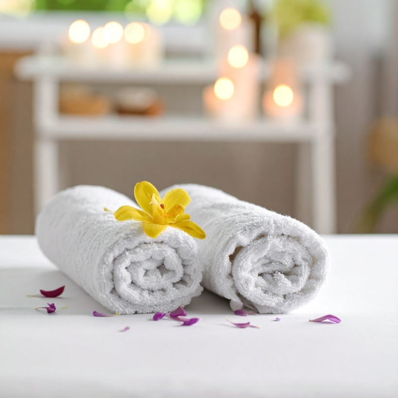 Toallas blancas con flor y velas aromáticas que representan calidad premium en la gestión de propiedades vacacionales.