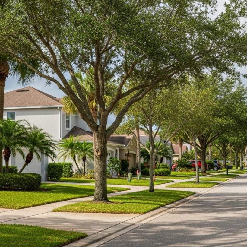 Calle soleada con palmeras y casas modernas unifamiliares, representando las mejores zonas para invertir en Florida.