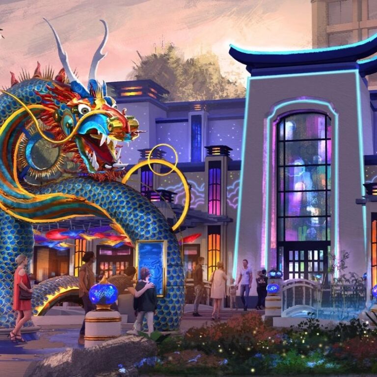 Parque temático con decoración asiática y dragón gigante que refleja el impacto en la plusvalía del entorno.