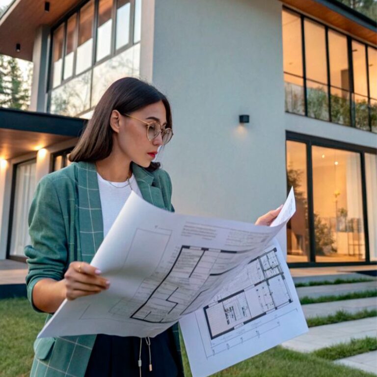 Mujer profesional revisando planos de construcción frente a una casa moderna de dos pisos con grandes ventanales.