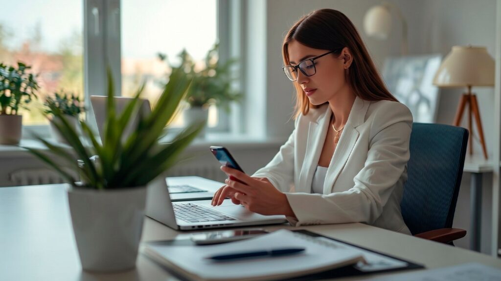 Mujer con gafas trabajando en su laptop y consultando su celular en una oficina luminosa con plantas.