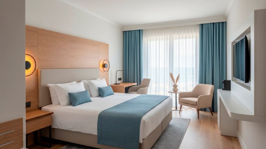 Habitación principal de lujo en casa vacacional de Orlando con escritorio, televisión y decoración contemporánea.