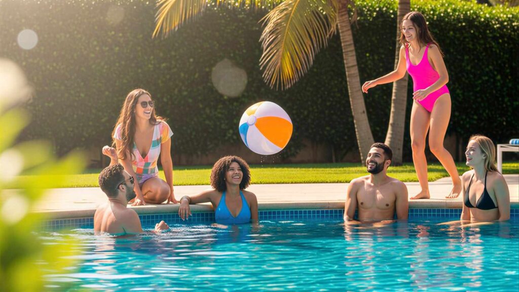 Un grupo de jóvenes disfruta de un día soleado en una piscina, jugando con una colorida pelota de playa.