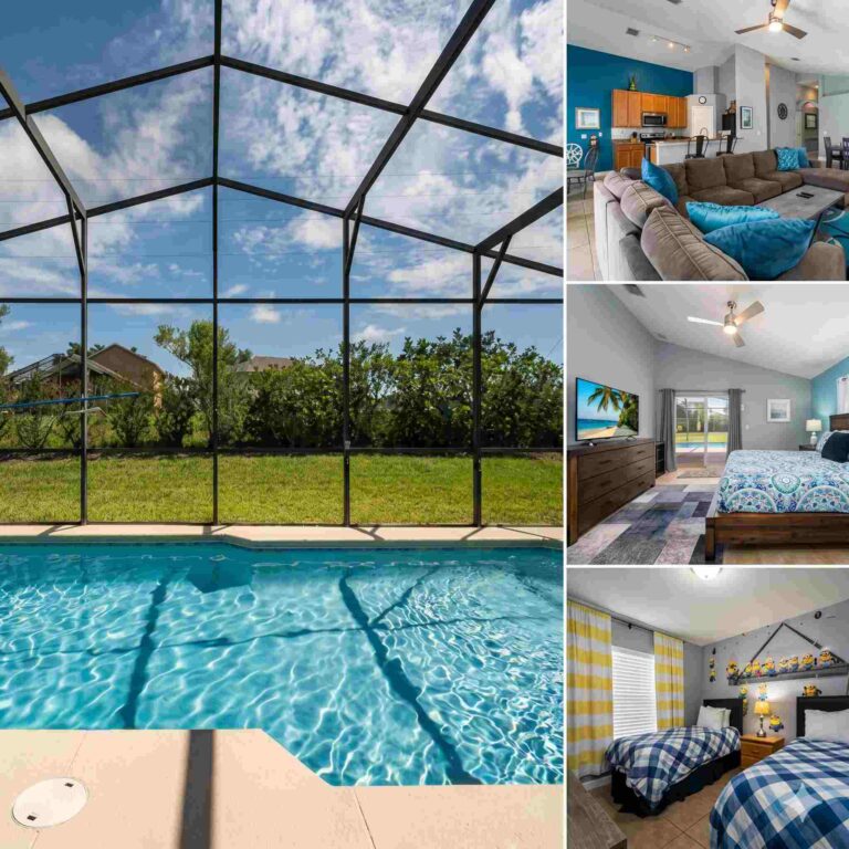 Piscina privada con malla protectora y jardín soleado; interiores luminosos con sala moderna, cocina equipada y dormitorios cómodos