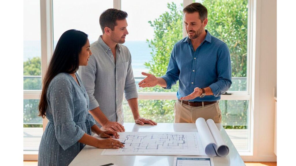Arquitecto explicando planos de construcción a una pareja joven en un interior moderno con vistas al mar.