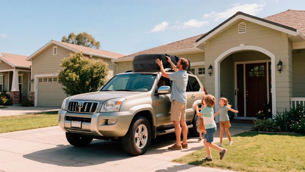 Padre ajustando equipaje en el techo de una camioneta mientras sus hijos juegan frente a una casa en Orlando.