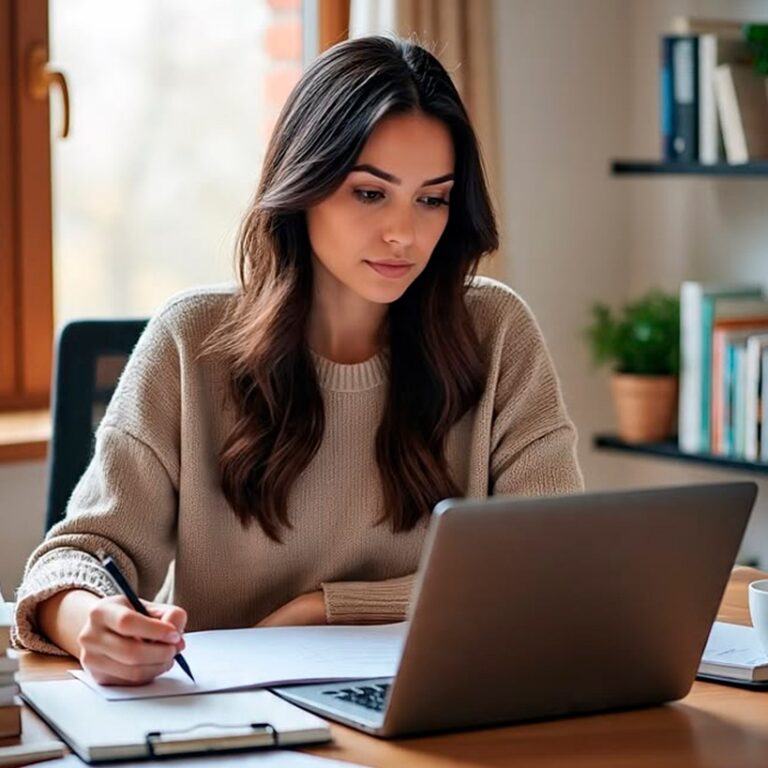 Mujer joven concentrada trabajando en su laptop y tomando notas en un escritorio de oficina en casa.