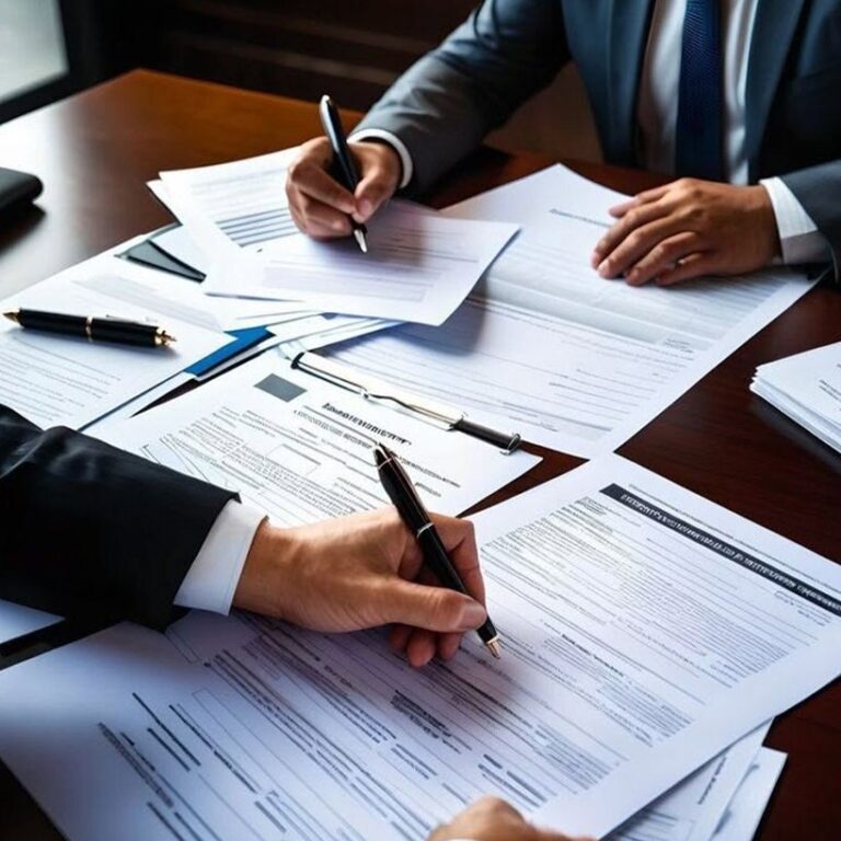 Manos de personas en traje firmando y revisando documentos legales y contratos sobre un escritorio de madera.