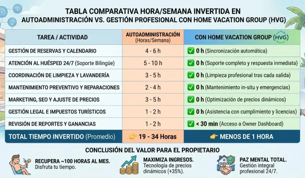 Comparative table of hours per week: self-administer vacation home in Orlando requires 34h vs. less than 1h with Home Vacation Group