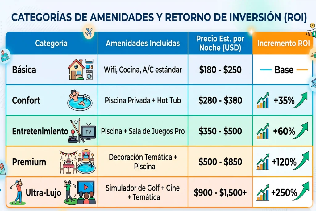 Table of amenities and ROI for vacation homes in Orlando: from
category basic to ultra-luxury, with prices from $180 to $1,500 per night.