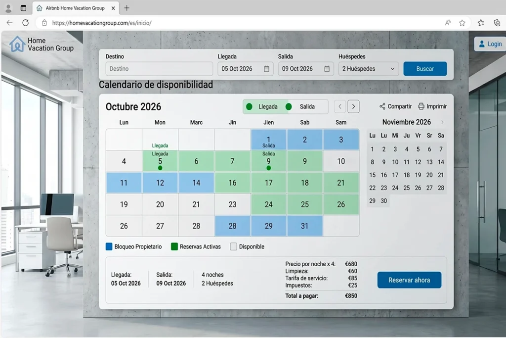 Calendario de disponibilidad de Home Vacation Group con bloqueos
de propietario y reservas activas en octubre 2026 