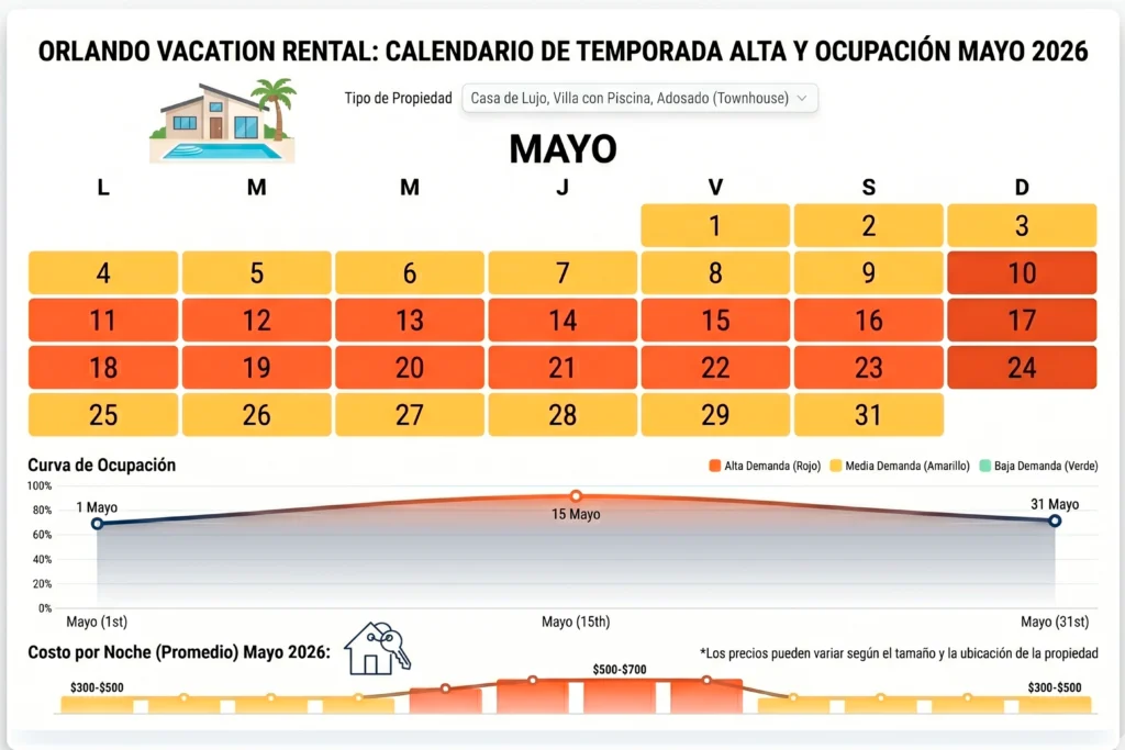 Calendario de temporada alta y curva de ocupación de vacation homes en Orlando durante mayo 2026, con precios promedio por noche entre $300 y $700.