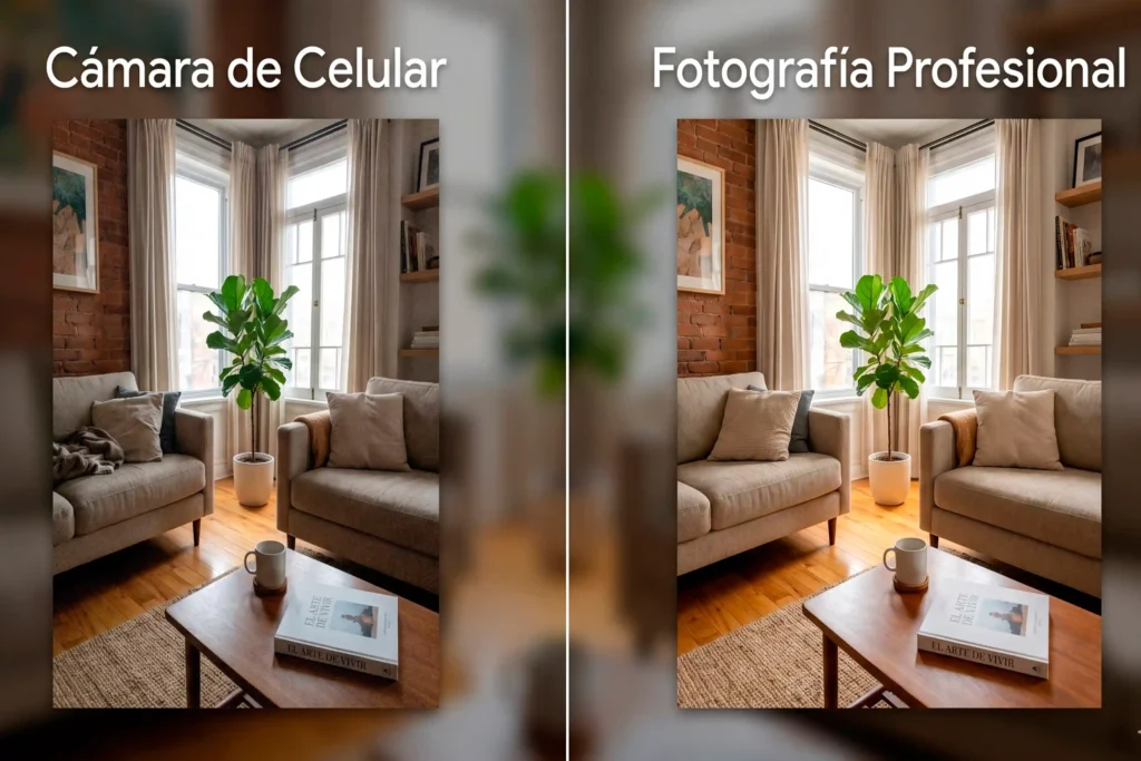 Comparativa de sala de vacation home en Airbnb: foto con celular
vs fotografía profesional, y su impacto en reservas en Orlando.