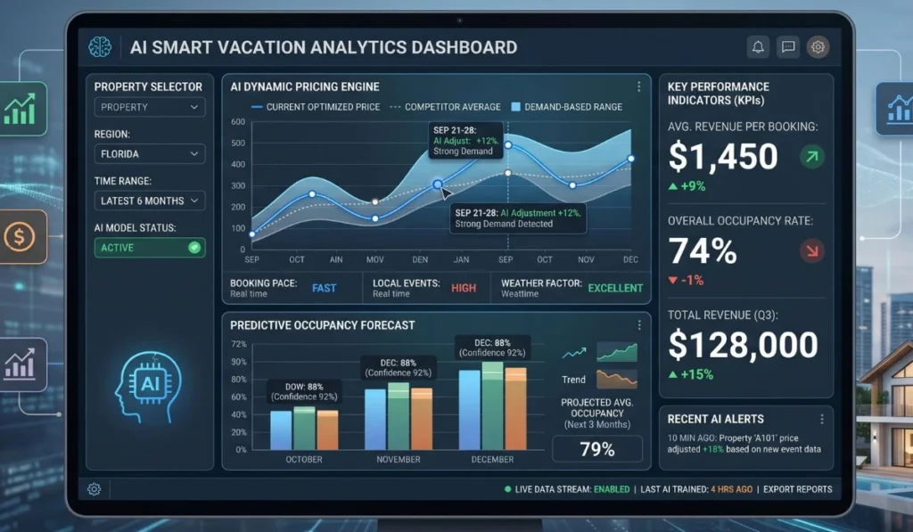 Dashboard of AI-powered dynamic pricing, forecast of
occupancy of 79% and KPIs in real-time to vacation homes in Florida.