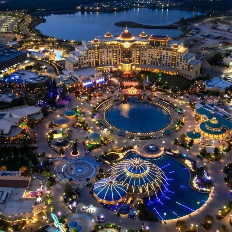 Vista aérea nocturna de Epic Universe en Orlando con hotel, fuentes iluminadas y atracciones, impulsando la demanda de rentas vacacionales