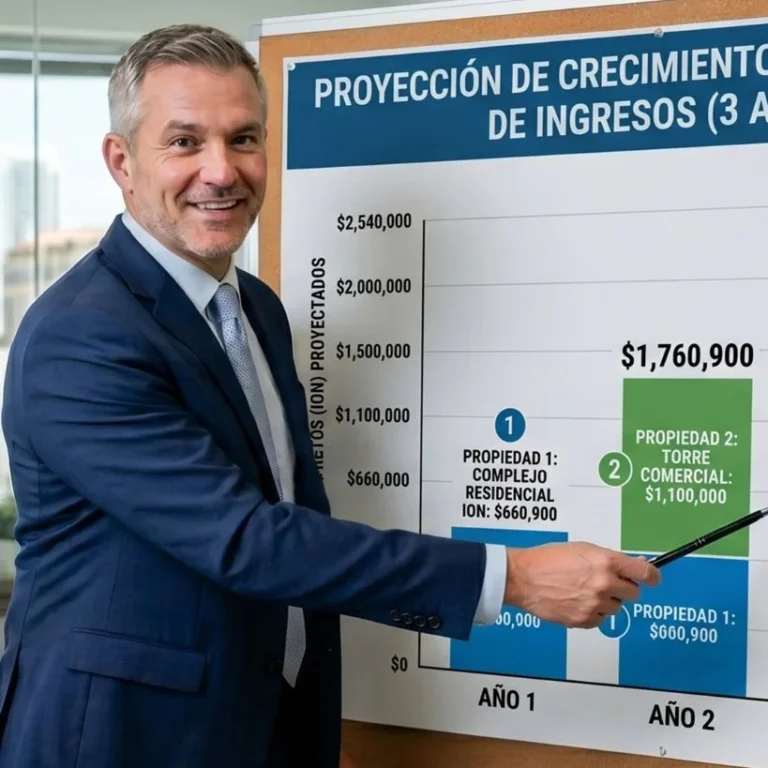 Inversor presentando proyección de ingresos a 3 años escalando de 1 a 3 vacation homes en Orlando, de $660K a $2.5M en NOI