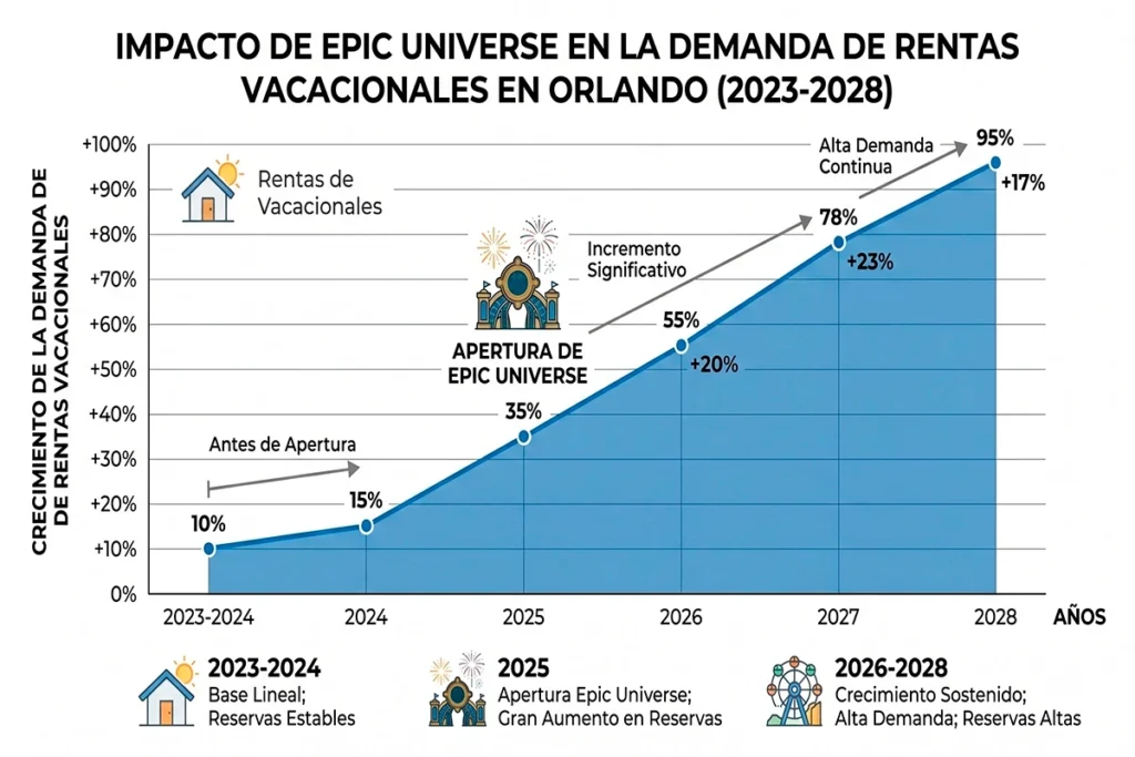 Graph of growth of vacation rentals in Orlando 2023-2028
driven by Epic Universe, projecting up to 95% of demand.