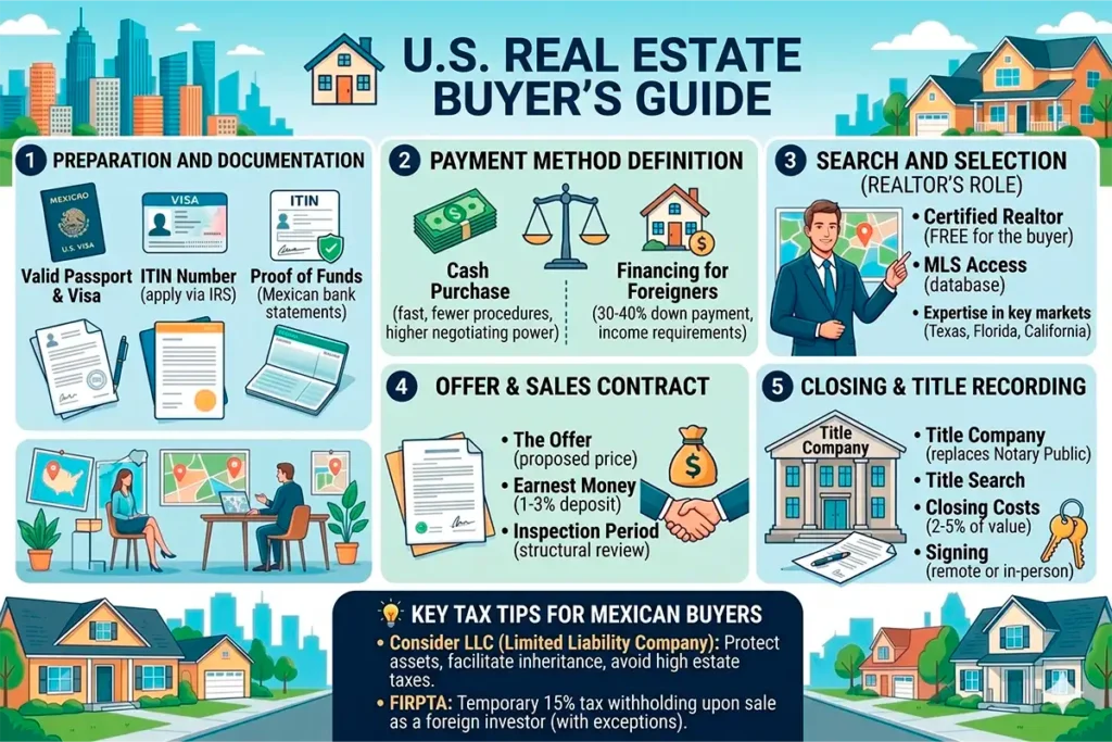 Infografía con los 5 pasos para comprar bienes raíces en EE.UU.
siendo mexicano: documentos, financiamiento, contrato y cierre con LLC.
