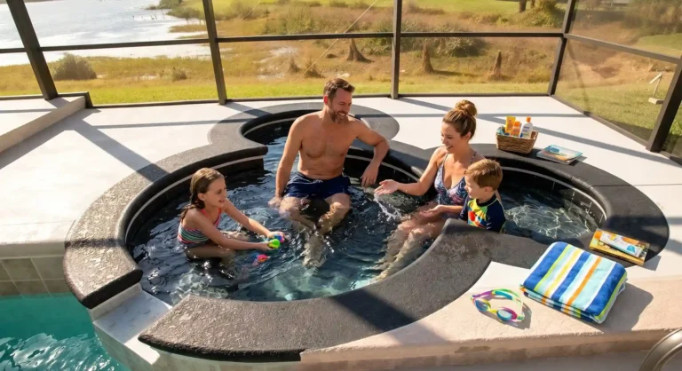 Familia en jacuzzi privado con lanai y vista al lago en vacation home de Orlando, amenidad que eleva el precio por noche.