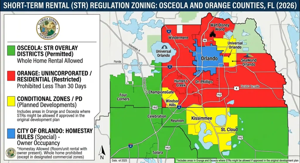 Mapa de zonificación para renta corta en Osceola y Orange County
Orlando 2026: zonas permitidas, restringidas y condicionales.