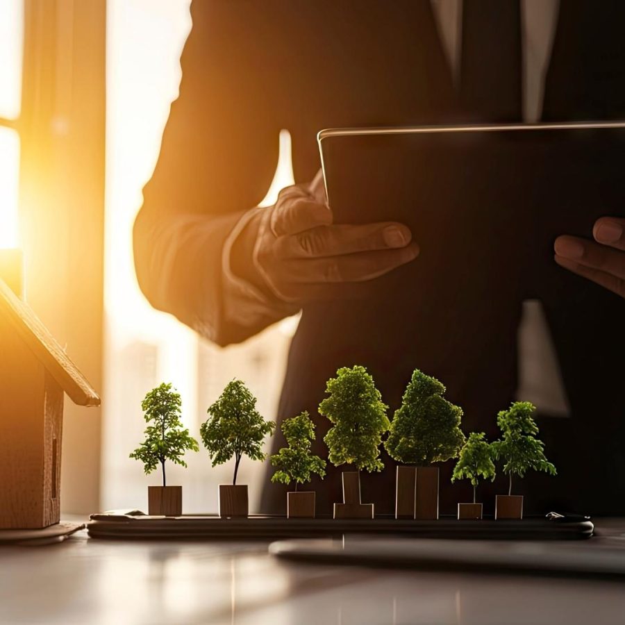 Hombre de traje sosteniendo una tableta con una casa y árboles, simbolizando inversión en bienes raíces.