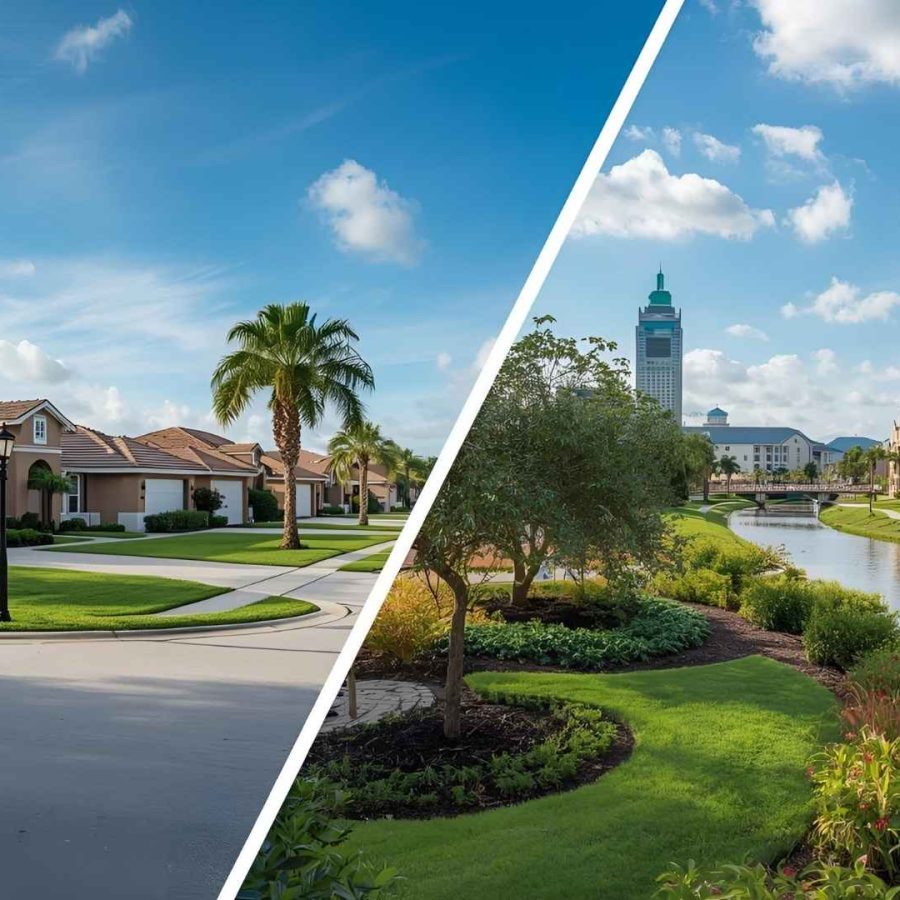 Dos imágenes de un vecindario con un lago y una casa, preguntando: ¿Davenport o Kissimmee?