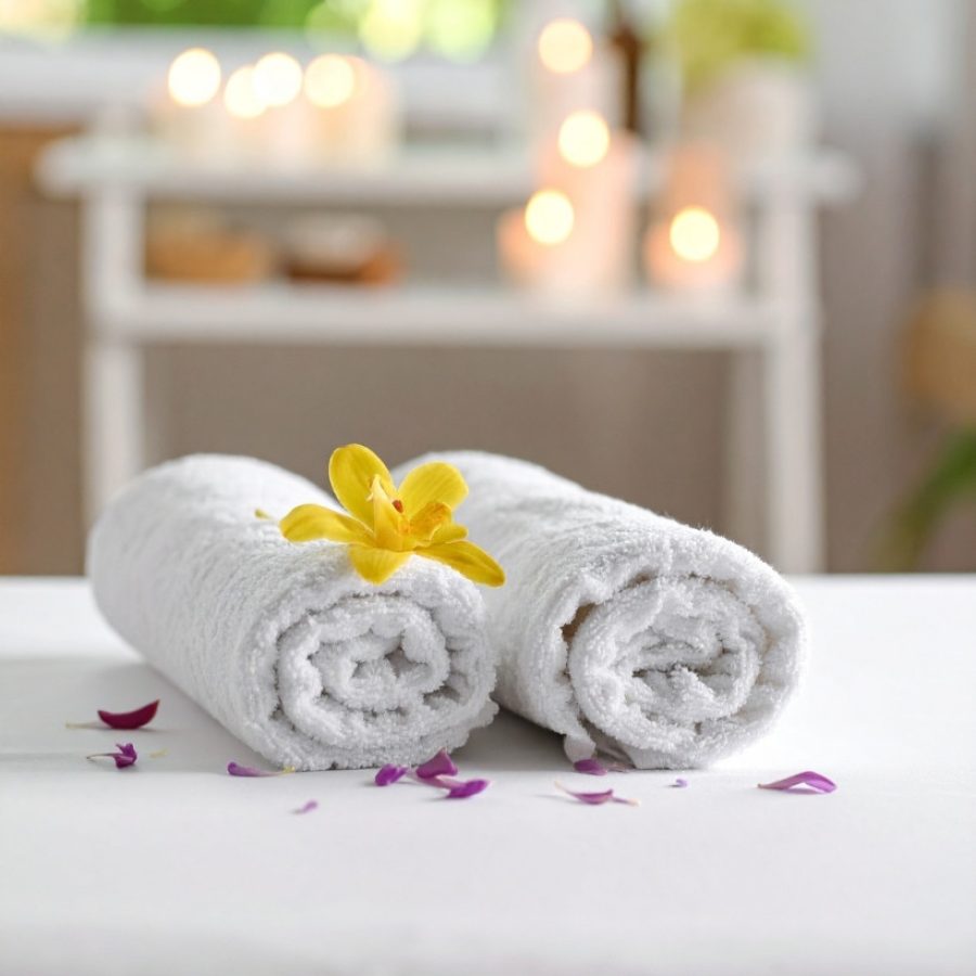 Toallas blancas con flor y velas aromáticas que representan calidad premium en la gestión de propiedades vacacionales.