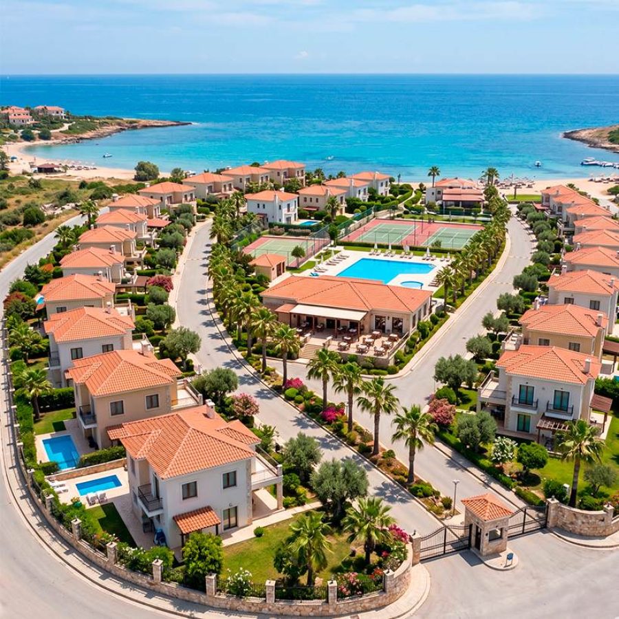 Comunidad residencial con villas y amenidades cerca del mar, ejemplo de inversión en propiedades rentables para alquiler vacacional