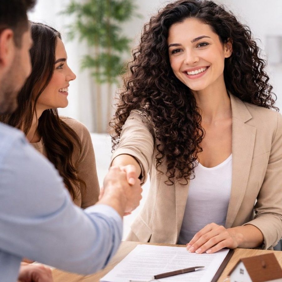 Gestora de propiedades sonriente estrechando la mano de una pareja tras firmar un contrato en una oficina.