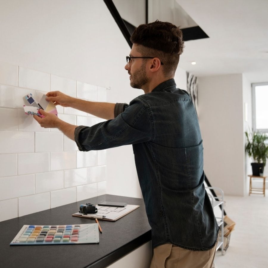 Primer plano de manos de un arquitecto o contratista trabajando sobre los planos de renovación para un Fix & Flip en Orlando.