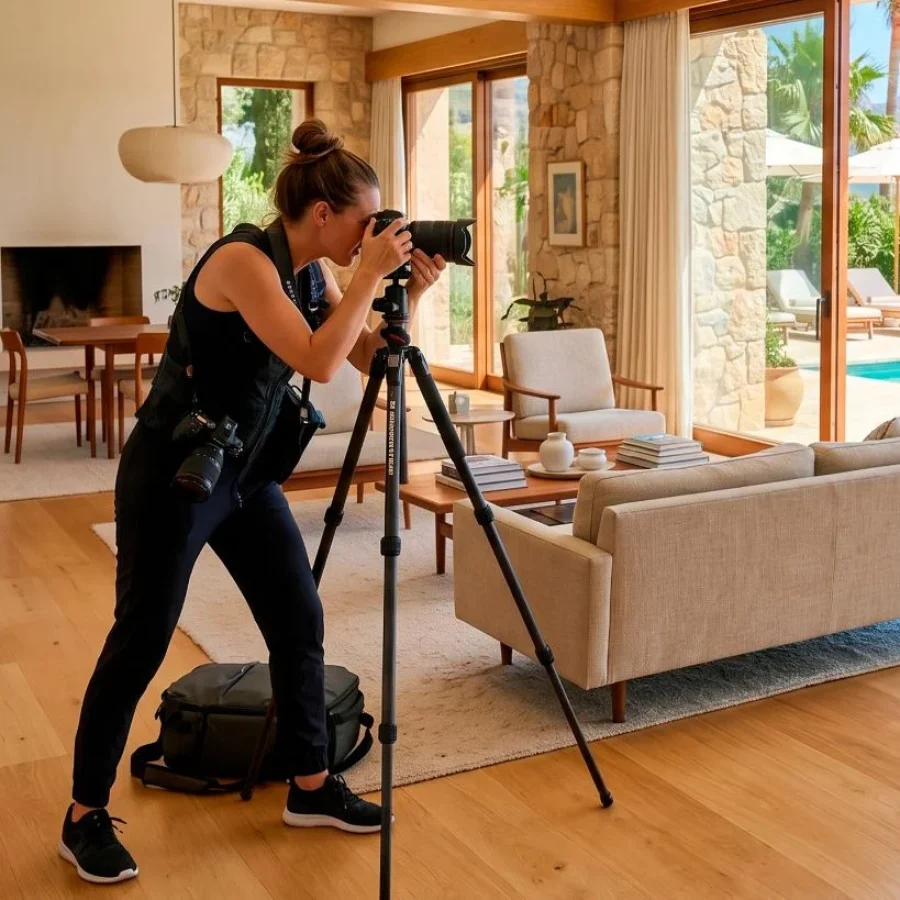 Fotógrafa profesional con trípode fotografiando la sala de una vacation home en Orlando para optimizar el listing de Airbnb
