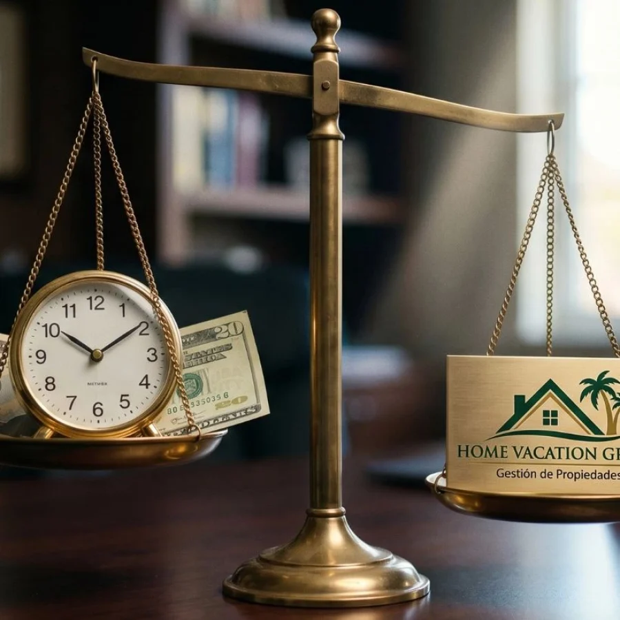 Balanza comparando tiempo y costo de autoadministrar una vacation home en Orlando vs contratar a Home Vacation Group.