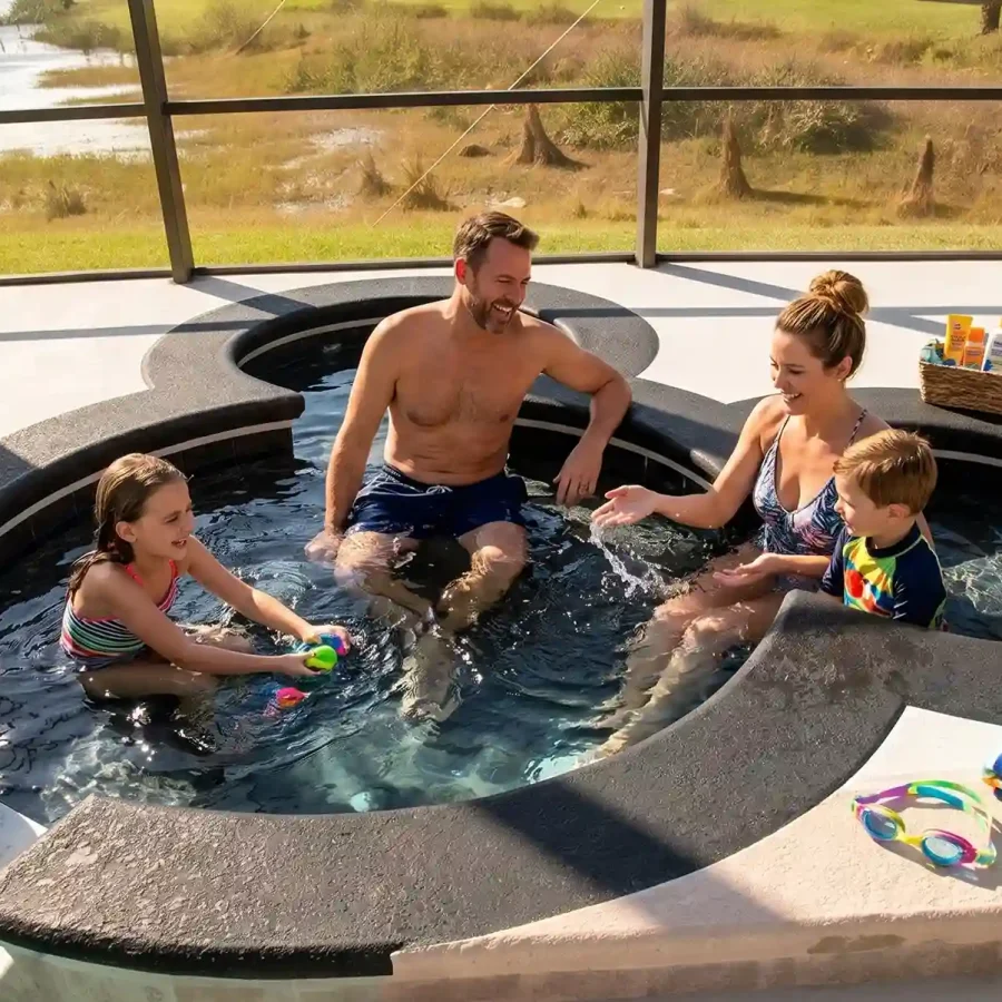 Familia en jacuzzi privado con lanai y vista al lago en vacation home de Orlando, amenidad que eleva el precio por noche.