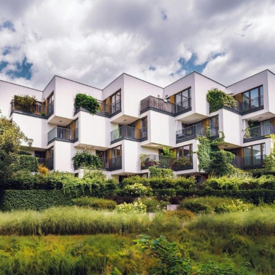 Edificio de bloques blancos rodeado de árboles y plantas verdes