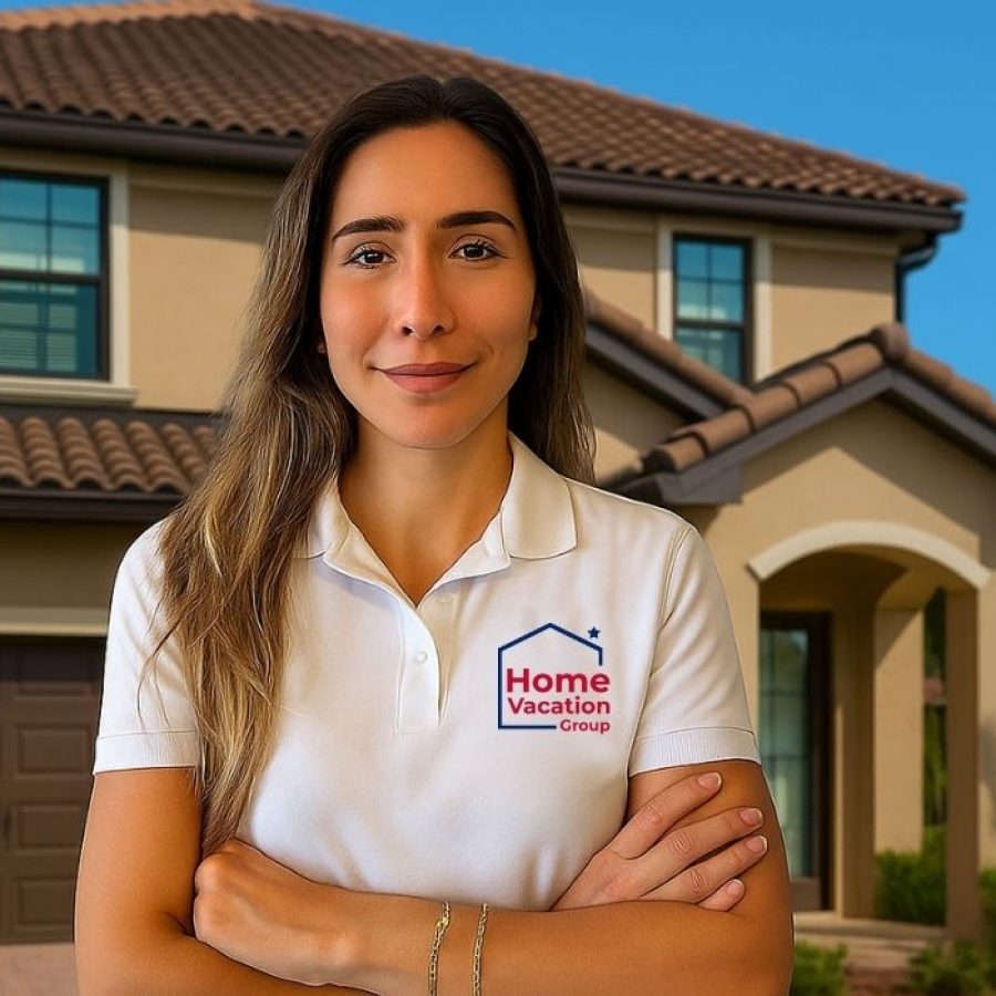 A woman in a white shirt stands smiling in front of a cozy house, embodying the theme of self-management vs. home vacation group